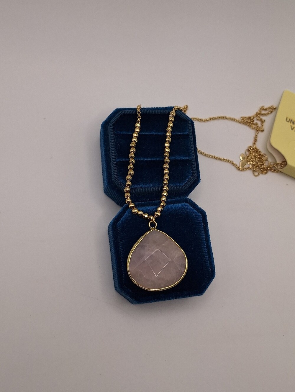 Pink Faceted Pendant Gold Tone Beaded Necklace Boho
